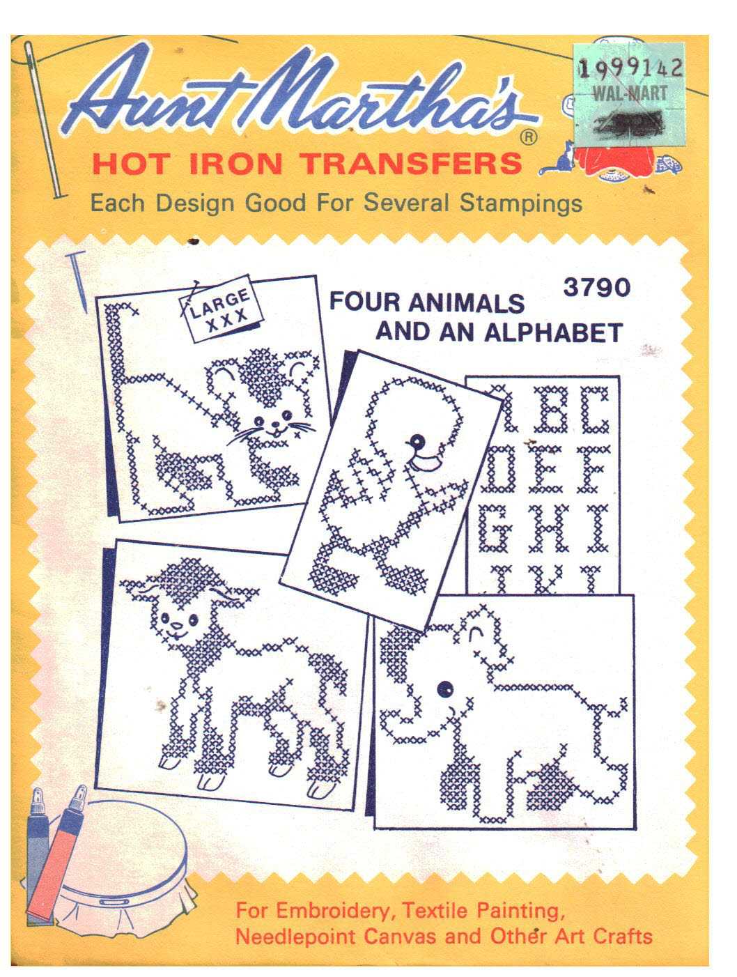 Aunt Martha's Hot Iron Transfers 3790 Four Animals and an Alphabet Size:  One Uncut Sewing Pattern